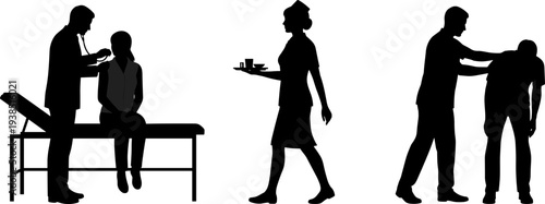 Doctor examining patient with stethoscope, nurse or server carrying tray with cups, caregiver supporting person, healthcare service silhouettes, caregiving professions illustration