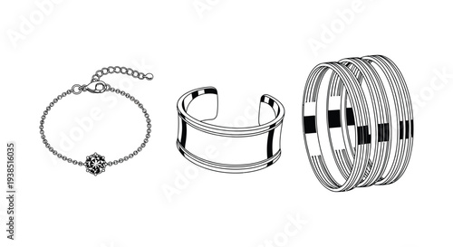 Line art illustration of various silver bracelets and jewelry including a chain and bangles high quality
