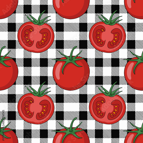 Fresh tomatoes and tomato halves on checkered background seamless pattern
