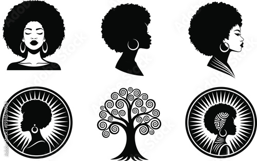 African woman silhouette collection with afro hairstyle and decorative tree symbol, black culture identity, beauty, heritage pride, afrocentric art and empowerment concept.