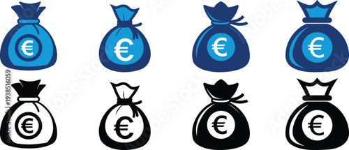 Money Bag with Euro Currency Sign Silhouette And color vector Symbolizing Financial Savings, Business Profit, Investment Capital Growth and European Economy Concept