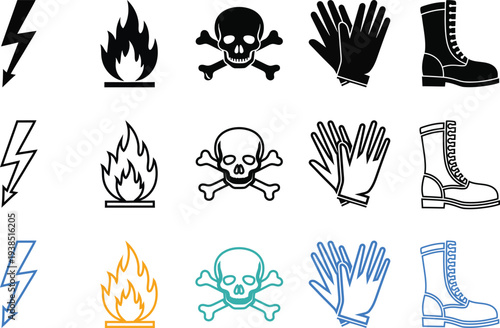 Collection of safety symbols for hazardous materials and conditions
