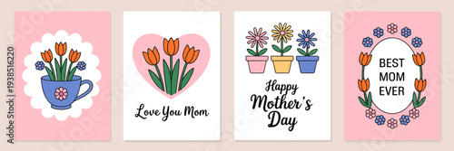 Mothers Day cards with colorful flowers and cute illustrations  Happy Mom Greeting
