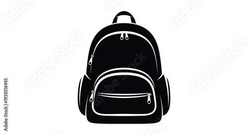 A black and white vector illustration of a modern backpack with visible zippers and straps