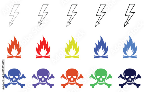 Colorful hazard symbols and icons of fire and electricity