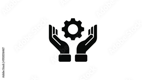 Hands holding gear icon representing technical support, service management, maintenance solution, engineering assistance and teamwork concept