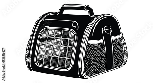 A black and white illustration depicts a pet carrier with a handle and mesh ventilation