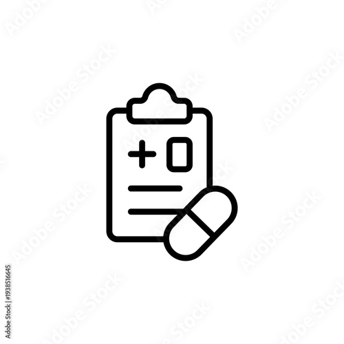 a medical report icon featuring a clipboard with a plus sign and a pill.