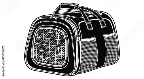 A black and white illustration of a pet carrier bag with mesh ventilation panels high quality professional detailed