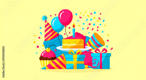 A vibrant celebration scene depicting a joyful child surrounded by cupcakes, gifts, and party hats, viewed from a slightly elevated perspective in a festive environment with colorful decorations