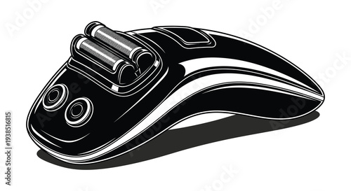 A detailed black and white illustration of a modern electric shaver with a sleek design