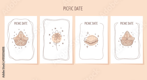 Cute hand-drawn picnic elements on cards: basket, sandwich, flower. Pastel colors.