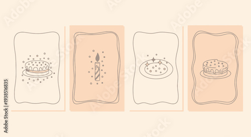Hand-drawn birthday cake and candle illustrations on pastel background