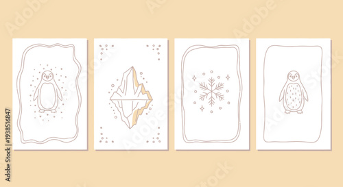 Cute Penguin and Iceberg Line Art Cards