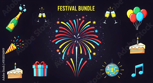 Vibrant festival celebration elements including fireworks, cakes, gifts, and musical notes arranged in a colorful bundle.