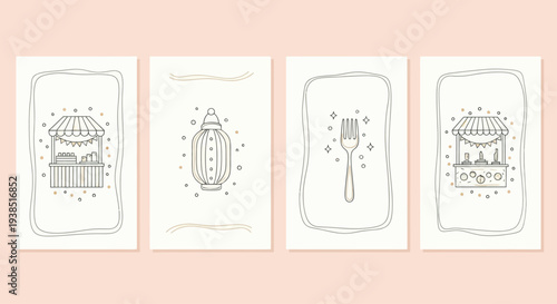Minimalist Food Stall and Cutlery Icons on Cream Background