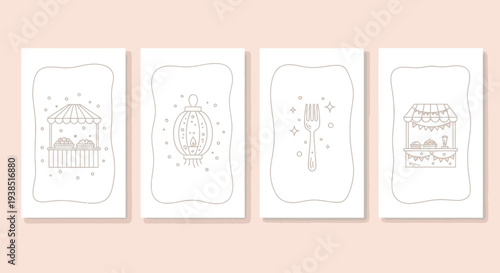 Set of four simple line art illustrations: food stalls, lantern, fork, festive decorations