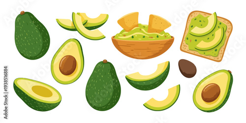 Avocado slices and halves with toast and guacamole on white
