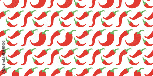 Red chili peppers with green stems on white background in rows