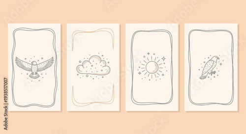 Boho Celestial Sun Cloud Bird Frames - Minimalist Line Art Social Media Templates