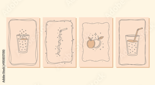Hand-drawn drinks and fruit illustration set on beige background
