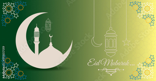 realistic eid mubarak wishes banner, eid mubarak card, eid mubarak template, with masque, moon, star, islamic lumps, corner with arabic decoration