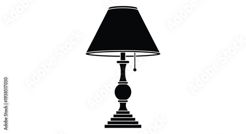 A minimalist black and white illustration of a classic table lamp with a rounded shade high quality professional
