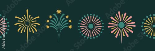 Colorful fireworks exploding in the night sky with stars  festive holiday celebration decorations