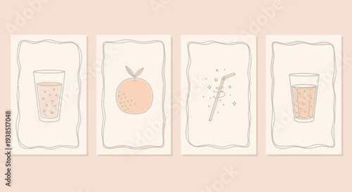 Minimalist Orange Juice Artwork: Glasses, Fruit, Straw, and Stars