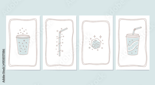 Hand-drawn soft drink illustrations: cups, straw, ice cube, and bubbles on light blue background