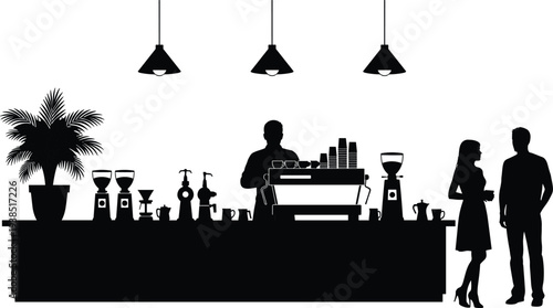 Coffee shop barista counter silhouette with espresso machine, customers standing and talking, modern cafe interior scene, coffee culture, barista service and social lifestyle concept.