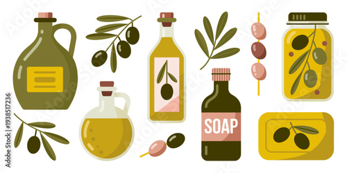 Olive oil bottles and jars with olives and leaves on white background