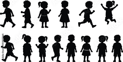 Collection of children silhouettes showing boys and girls walking, running, standing and jumping poses isolated on white background, kids activity and childhood concept