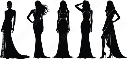 Collection of elegant women silhouettes in long evening gowns showing fashion poses and stylish female figures isolated on white background, beauty and glamour concept