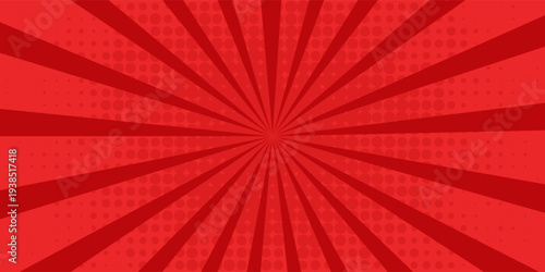 Vibrant red comic book sunburst background with radial rays and halftone dot pop art effect.