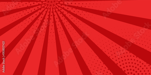Vibrant red comic book sunburst background with radial rays and halftone dot pop art effect.