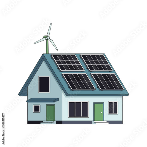 Tableau sur toile A house with solar panels and a wind turbine on the roof generates renewable ene