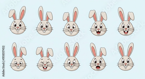 Collection of Cute Bunny Faces with Different Expressions.