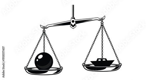 A balance scale depicts a weighted comparison between a dark sphere and a small boat