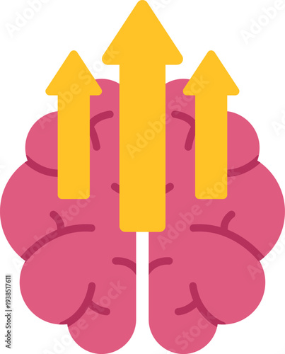 Pink brain with three yellow upward arrows representing development