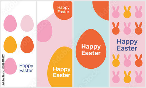 Joyful Easter banners with stylized eggs and bunny ears, conveying 'Happy Easter' greetings for spring celebrations, in a clean graphic design.
