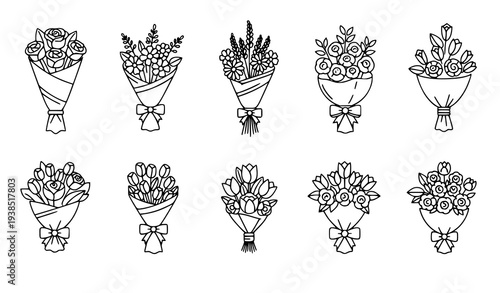 Flower bouquet outline icons vector floral arrangement linear symbol set