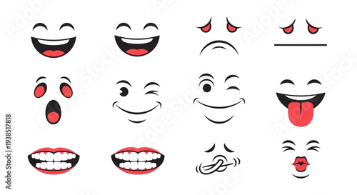 Collection of Diverse Expressive Cartoon Faces and Mouths.