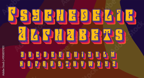 Retro psychedelic alphabet vector set featuring groovy 1960s style letters with 3D shadow effects for vintage poster and branding design