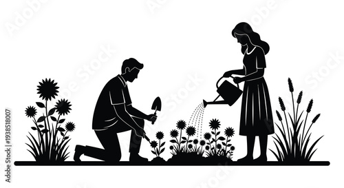 A couple gardening together in a stylized black and white illustration with flowers and foliage