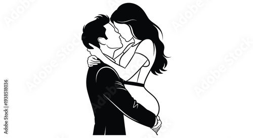 A couple passionately embraces in a close intimate kiss depicted in a minimalist black and white style