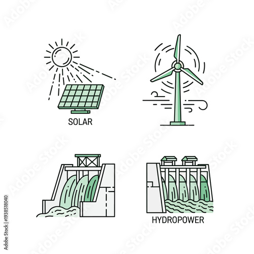 Vector line art collection of sustainable renewable energy sources, featuring solar panels, wind turbines, and hydroelectric power plants, illustrating clean electricity generation