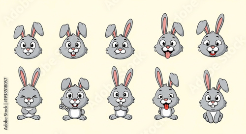Collection of Cute Cartoon Bunny Rabbit Expressions and Poses.