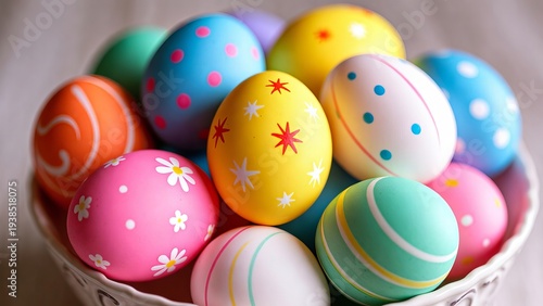 Colorful decorated Easter eggs in a bowl ready for a festive spring holiday celebration.
