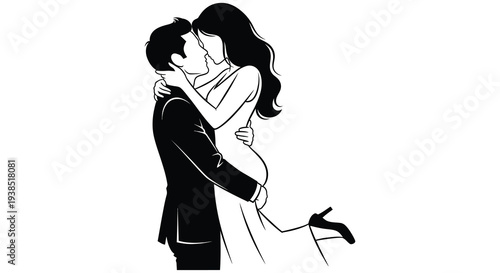 A stylized black and white illustration depicts a couple intimately embracing in a passionate dance